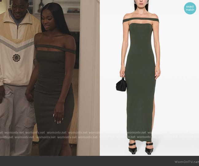 Courreges Halterneck ribbed maxi dress worn by Hilary Banks (Coco Jones) on Bel-Air