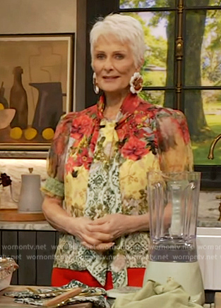 Cristina Ferrare’s floral print tie neck blouse on The Drew Barrymore Show