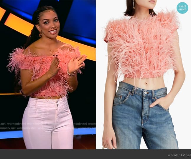 Cult Gaia Sosha cropped feather-embellished crepe top worn by Corinne Foxx on Beat Shazam