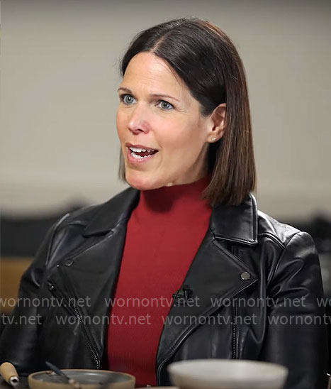 Dana Jacobson’s black leather moto jacket on CBS Mornings
