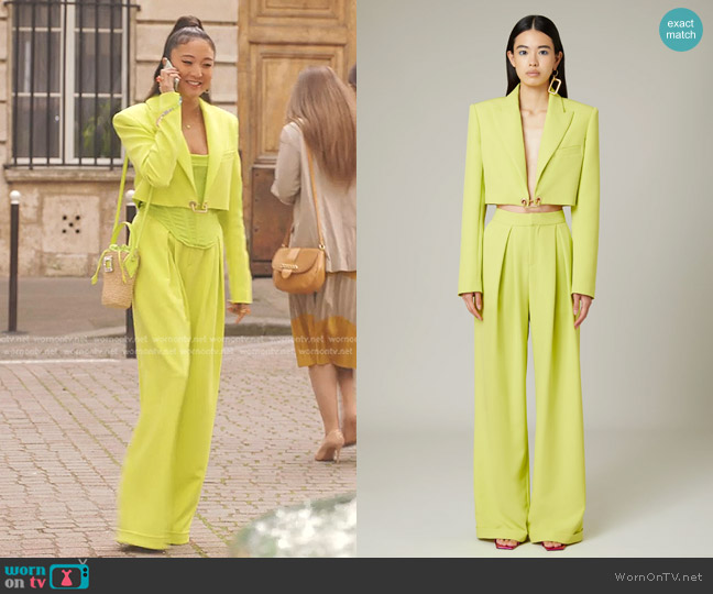 Daname Gianna Crop Jacket in Lime Green worn by Mindy Chen (Ashley Park) on Emily in Paris