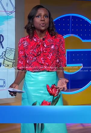 Deborah’s red floral top and green floral leather skirt on Good Morning America