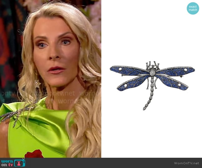 Dena Kemp by 18-karat white gold blue sapphire and diamond Dragon Fly Brooch worn by Joan Vassos on The Golden Bachelorette