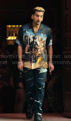 Dionysus’s graphic print button down shirt and printed jeans on Kaos