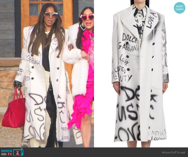 Dolce & Gabbana Graffiti Print Wool & Angora Trench Coat worn by Mary Cosby on The Real Housewives of Salt Lake City