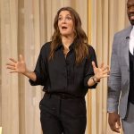 Drew’s black pleated blouse and sequin pants on The Drew Barrymore Show