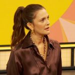 Drew’s brown pleated satin blouse on The Drew Barrymore Show