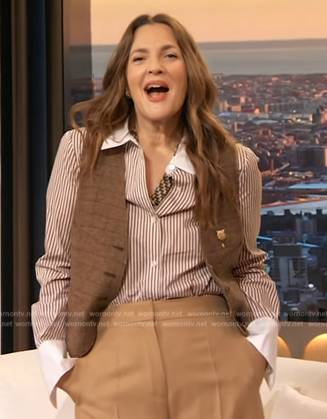 Drew’s striped shirt and vest on The Drew Barrymore Show