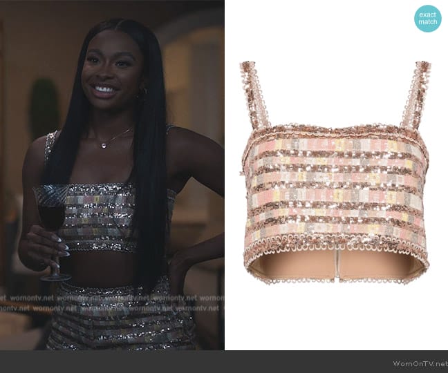 Elie Saab Sequin-embellished crop top worn by Hilary Banks (Coco Jones) on Bel-Air