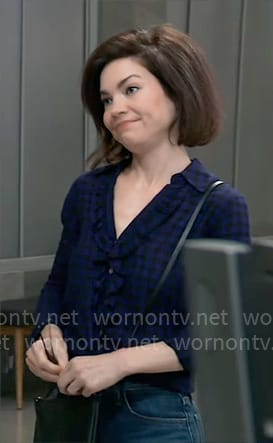 Elizabeth’s checked ruffled button front top on General Hospital