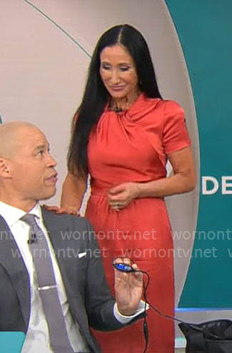 Elizabeth Werner’s short sleeved twist neck dress on CBS Mornings