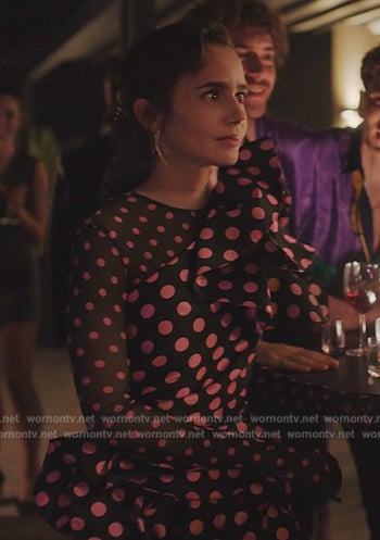 Emily’s pink and black polka dot print outfit on Emily in Paris