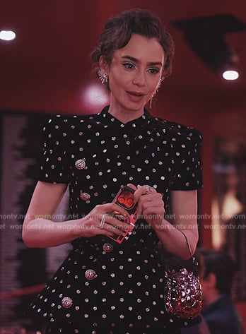 Emily’s black velvet polka dot dress on Emily in Paris