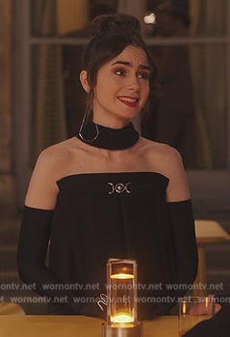 Emily’s black halter mini dress on Emily in Paris