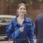 Emily’s blue polka dot blouse and denim jacket on Emily in Paris