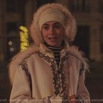 Emily’s white floral embroidered coat on Emily in Paris