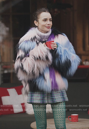 Emily’s multicolored fur coat on Emily in Paris