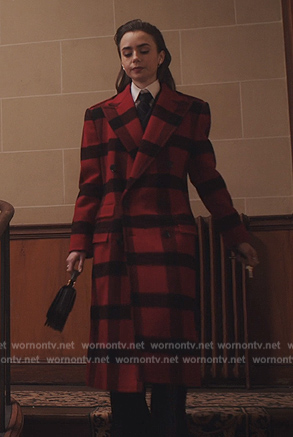Emily’s red and black check double breasted coat on Emily in Paris