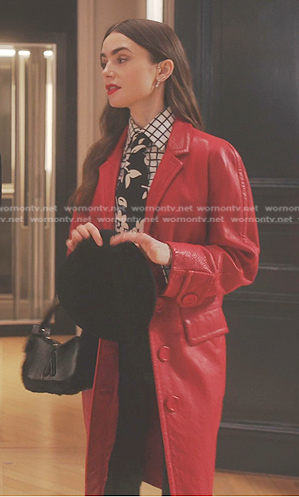 Emily’s red coat and black hand bag on Emily in Paris