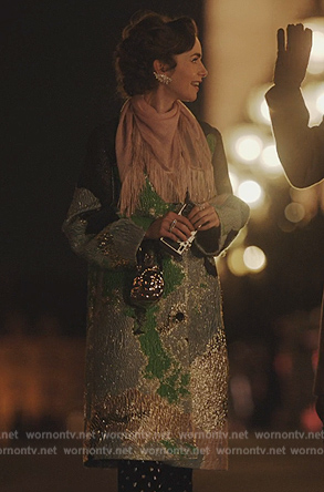 Emily’s floral jacquard coat on Emily in Paris