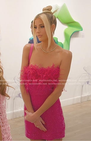Emma’s pink feather strapless mini dress on Selling Sunset