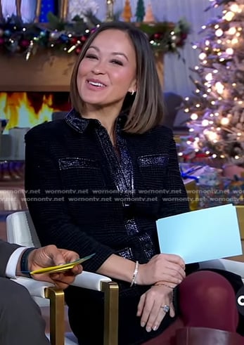 Eva’s black contrast leather trim tweed dress on Good Morning America