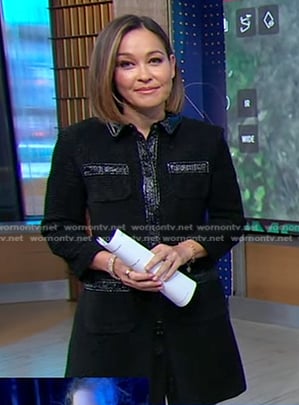 Eva’s black contrast leather trim tweed dress on Good Morning America