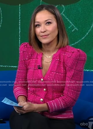 Eva’s pink plaid v-neck cardigan on Good Morning America