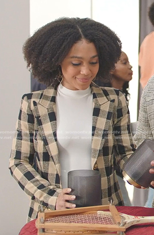 Eva’s black and beige plaid blazer on All American Homecoming