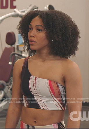 Eva’s printed one shoulder top and leggings on All American Homecoming