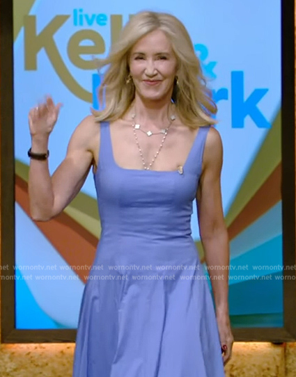 Felicity Huffman’s blue sleeveless midi dress on Live with Kelly and Mark
