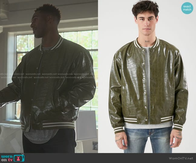 Forever 21 Faux Croc Varsity Bomber Jacket in Olive worn by Adrian Hunter (Vaughn W. Hebron) on Reasonable Doubt