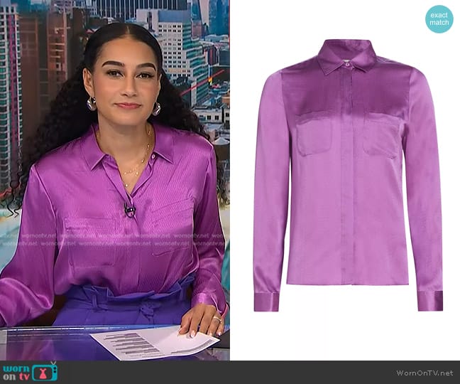 Frame Pocket Silk Button-Up Shirt in Orchid worn by Morgan Radford on NBC News Daily