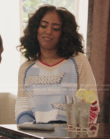 Gabby’s patchwork distressed sweater on All American Homecoming