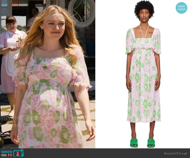 Ganni Shirred printed georgette midi dress worn by Abby Winbury (Dakota Fanning) on The Perfect Couple