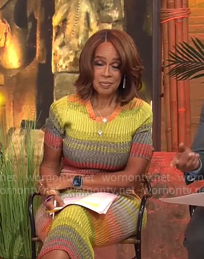 Gayle King’s multi color striped knit dress on CBS Mornings