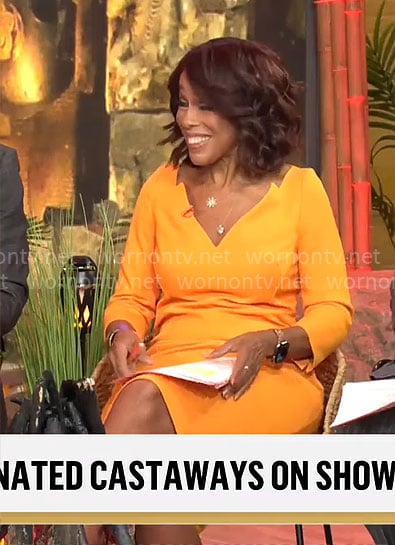 Gayle King’s orange v-neck dress on CBS Mornings