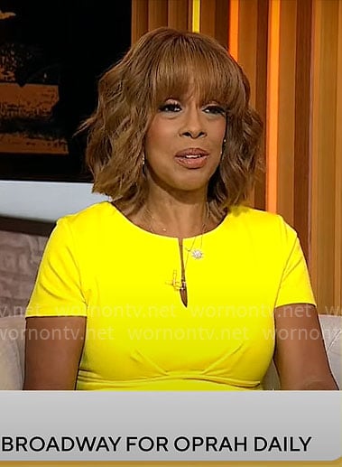 Gayle King’s yellow split-neck dress on CBS Mornings