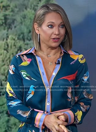 Ginger’s teal bird print shirtdress on Good Morning America