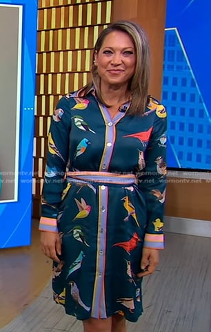 Ginger’s teal bird print shirtdress on Good Morning America