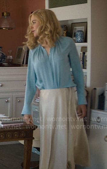 Greer’s blue blouse and wrap skirt on The Perfect Couple