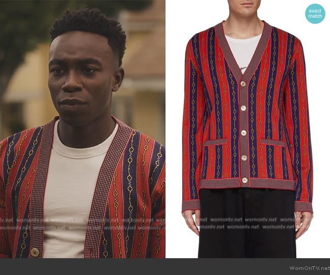 Gucci Horsebit Stripe Cotton Blend Cardigan worn by Carlton Banks (Olly Sholotan) on Bel-Air
