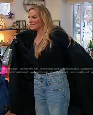 Heather’s black cardigan and double waistband jeans on The Real Housewives of Salt Lake City
