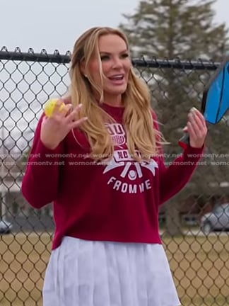 Heather’s red You Get No Love Sweater on The Real Housewives of Salt Lake City