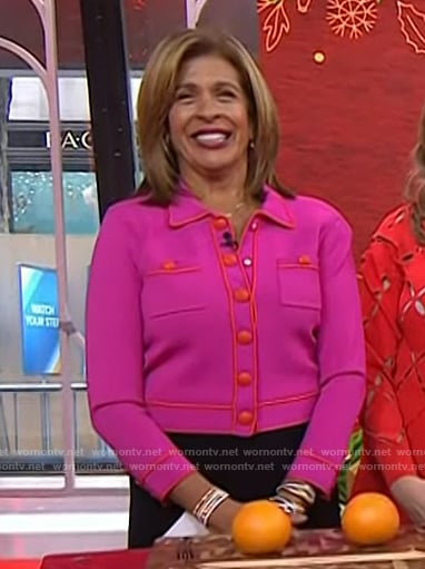 Hoda’s Pink contrast trim jacket and flare jeans on Today