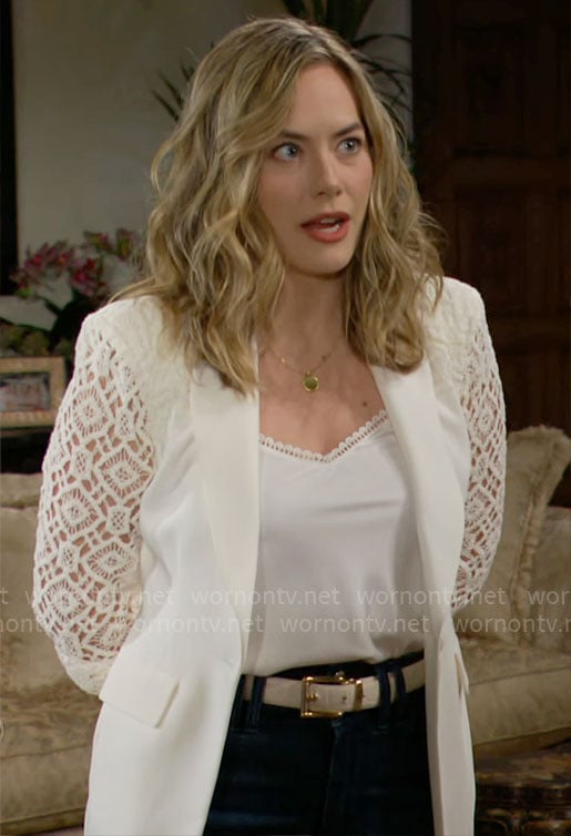 Hope’s white crochet sleeve blazer on The Bold and the Beautiful