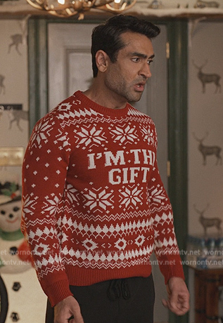Rudy’s red Christmas sweater on Only Murders in the Building