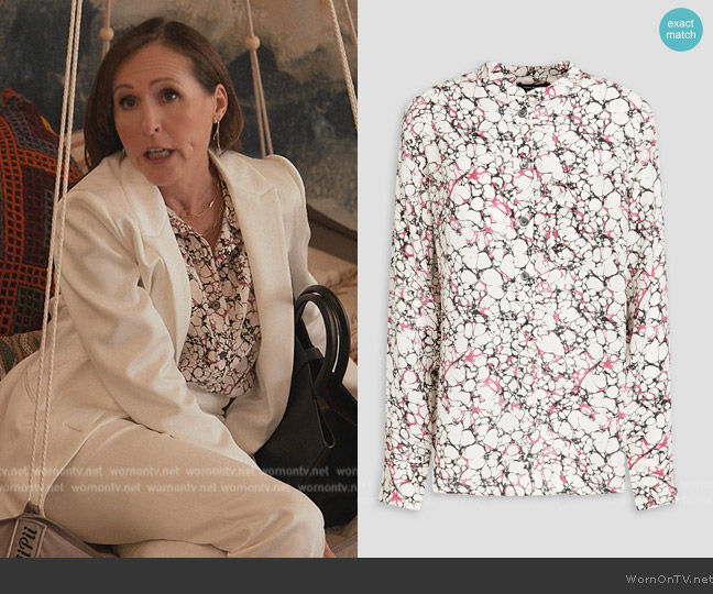 Isabel Marant Rusak printed silk crepe de chine shirt worn by Bev Melon (Molly Shannon) on Only Murders in the Building