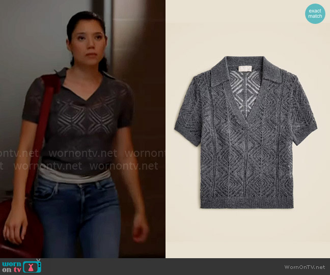 J. Crew Cashmere lace pointelle sweater-polo in Hthr Charcoal worn by Violet Mikami (Hanako Greensmith) on Chicago Fire