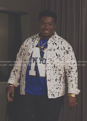 J Marx’s white abstract print jacket on All American Homecoming